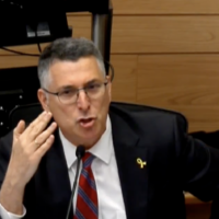 Foreign Minister Gideon Sa'ar, who, as justice minister in 2022, appointed Attorney General Gali Baharav-Miara, appears before a hearing of the Knesset Constitution, Law, and Justice Committee on the splitting of the AG role, at the parliament in Jerusalem, November 17, 2025. (Screen capture: Knesset Channel via X)